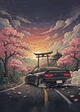 Drifting Car Under Cherry Blossoms
