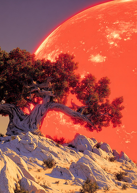 Alien Planet Landscape with Tree and Red Moon