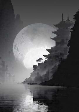 Mystical Pagoda by the Moonlit Lake