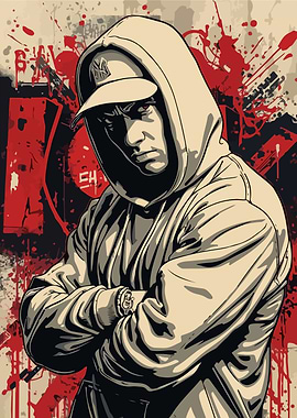 Eminem in Hoodie with Graffiti Background