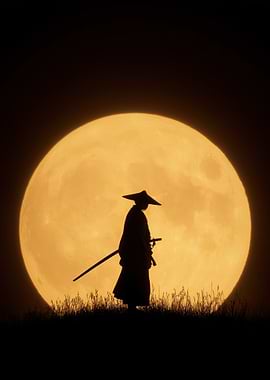 Samurai Silhouette Against Full Moon
