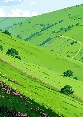 Green Rolling Hills with Flowers