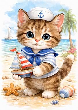 Cute Kitten Sailor with Toy Boat