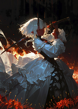 Fiery Demoness with White Hair and Sword