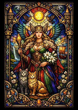 Valkyrie with Cats and Viking Ship