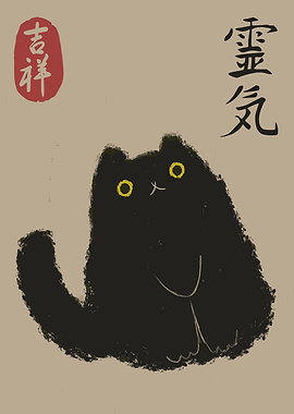 Cute Black Cat with Japanese