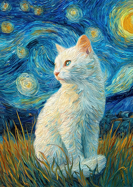 White Cat in Starry Night