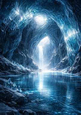 Ice Cave with Waterfall and Frozen Lake