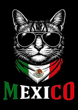 Mexico Cat Poster, Cool Aviator Sunglasses Cat Wall Art, Mexican Pride Print