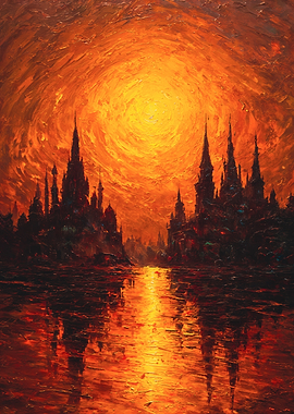Gothic City Sunset Oil Painting