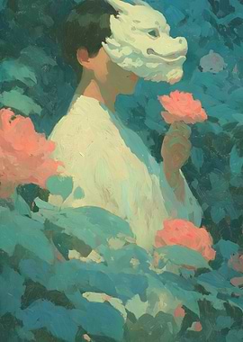 Person in Dragon Mask with Roses