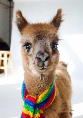 Cute Alpaca Wearing a Rainbow Scarf