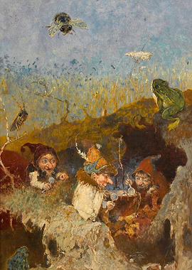 Gnomes cooking with a frog and insects