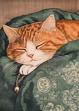 Sleeping Orange Tabby Cat with Bell