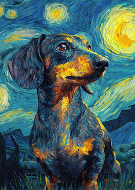 Dachshund in Starry Night Style