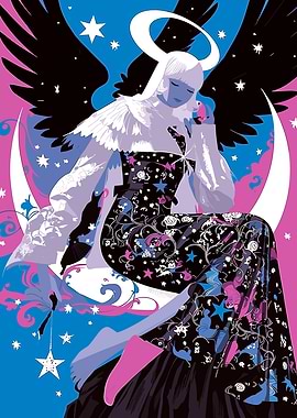Angel with Starry Dress on Crescent Moon