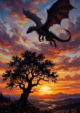 Dragon flying over a sunset landscape