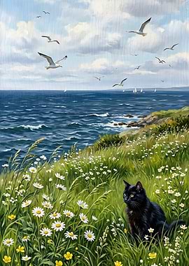 Black Cat in a Field of Daisies by the Sea