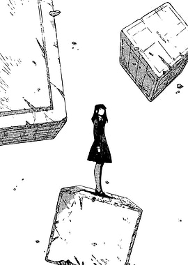 Girl Standing on Cube Amidst Floating Blocks