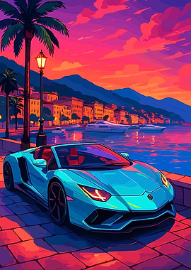 Luxury Sports Car by the Sea at Sunset