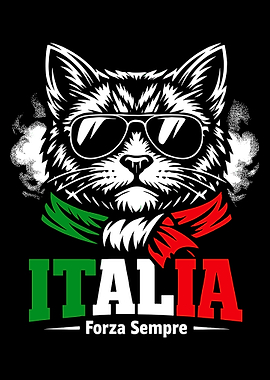 Italia Cat Poster, Italian Flag Cat Wall Art, Cool Sunglasses Black Background Print