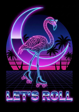 Retro Flamingo on Roller Skates