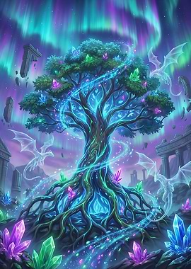 Magical Tree with Dragons and Crystals