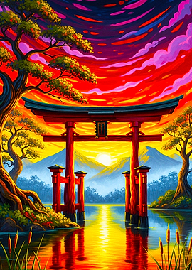 Japanese Torii Gate at Sunset