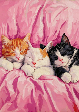 Three Kittens Sleeping on Pink Blanket