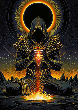 Mysterious hooded Sorcerer Magic glowing Fire energy