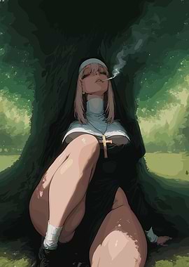 Nun Smoking Under a Tree