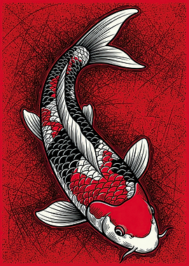 Koi Fish Illustration on Red Background