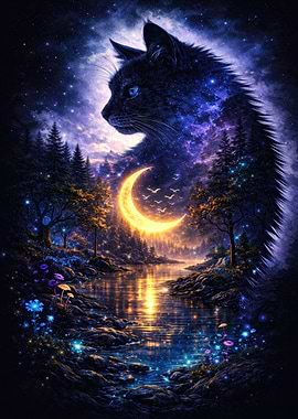 Cosmic Cat Over Moonlit Forest