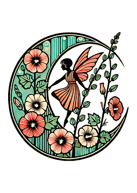 Fairy in a Crescent Moon with Flowers