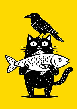 Black Cat with Fish and Crow