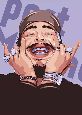 Post Malone laughing with hands on face