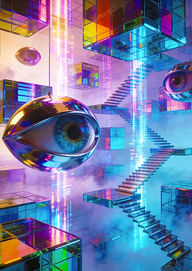 Visionary Grid: Holographic Cubes and Floating Eyes 3D Art