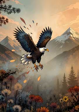 Eagle flying over mountains and flowers