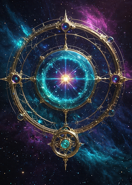 Golden Celestial Astrolabe with Glowing Orb — Cosmic Digital Illustration