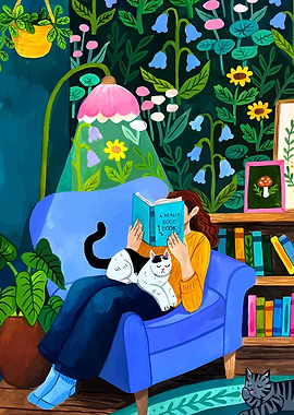 Cozy Reading Nook with Cats and Books