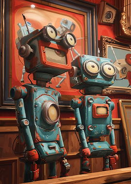 Two vintage robots in a gallery