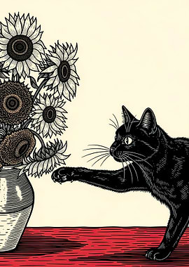 Black Cat and Sunflowers