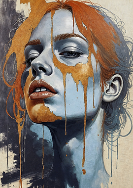 Portrait of a woman with gold paint drips