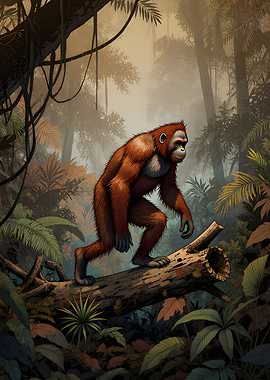 Orangutan in a Misty Jungle