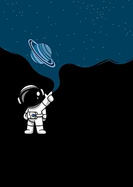 Astronaut pointing at Saturn in space