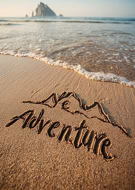 Adventure written in sand on beach