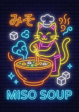 Cute Cat Chef Making Miso Soup Neon Sign