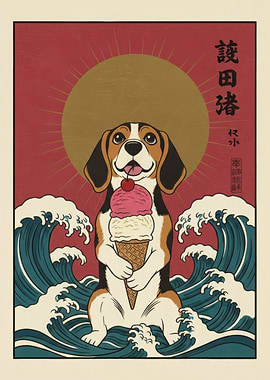Beagle Dog with Ice Cream and Waves