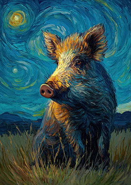 Wild Boar in Starry Night Style