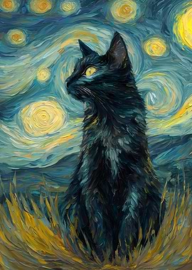 Black Cat in Starry Night Style
